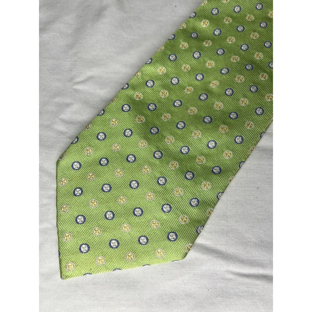Vintage Oak Hall Memphis Repp Tie Green White  & Gold Circles Silk Italian Made